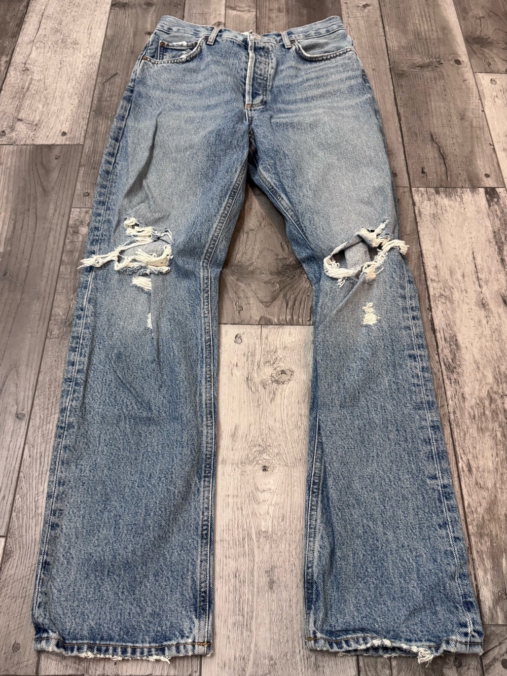 AGOLDE 90s High Rise Distressed Jeans Blue Button 27 Women's Straight Leg Denim